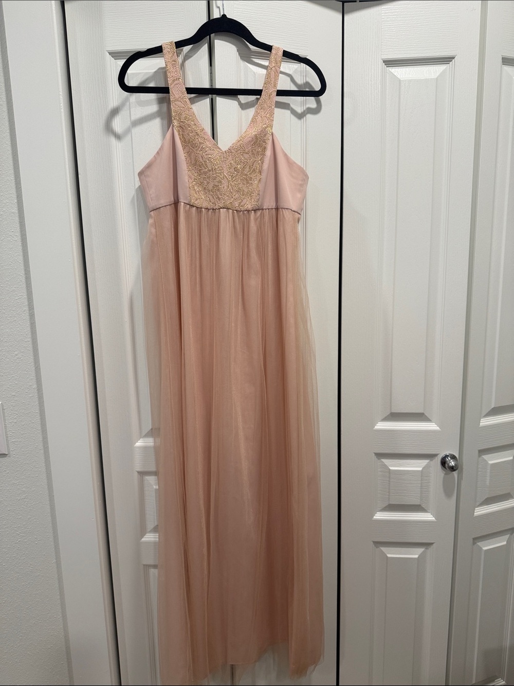 Delicate Lace-Trim Blush Evening Gown